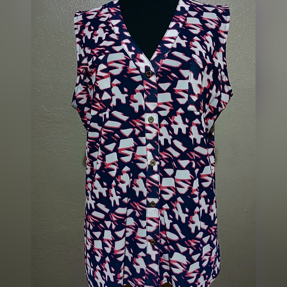 Women's abstract print sleeveless blouse in navy/pink/white EUC